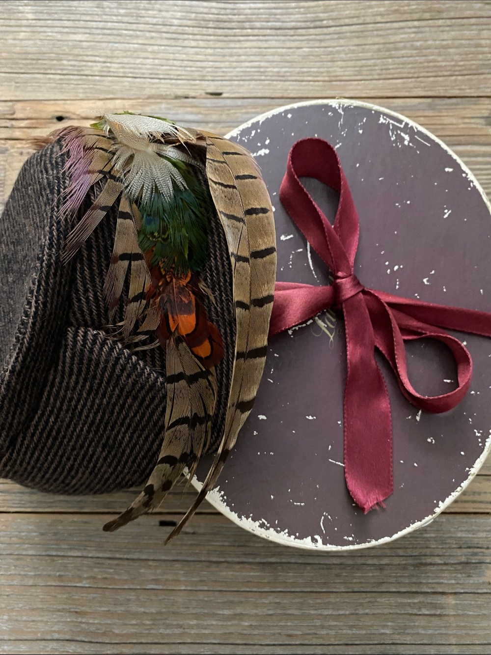 Vintage 1989 Ralph Lauren Tweed Hat with Pheasant Feathers Box Set.